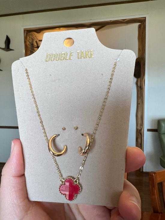 Jewelry - Gold Necklace and Earring Set with Red Clover Pendant
